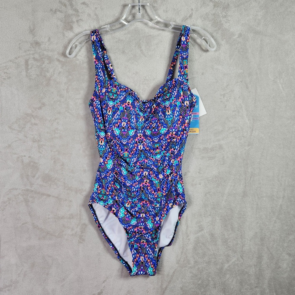 Swim Solutions Womens Size 10 Navy Tummy Control Shirred One Piece Swimsuit‎